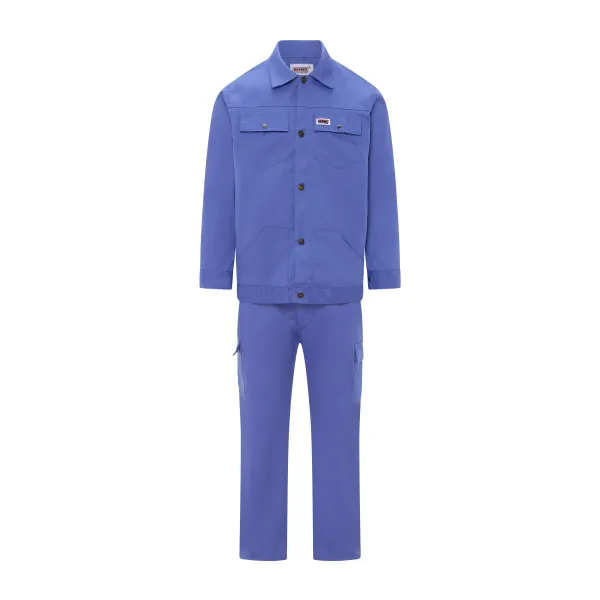 Alpha Work Suit BTS 0855 front view, blue two-piece suit with button-front jacket and chest flap pockets