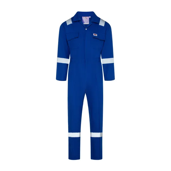 Aurex Coverall BAC 2010 blue front view with reflective bands on arms and legs, chest pockets