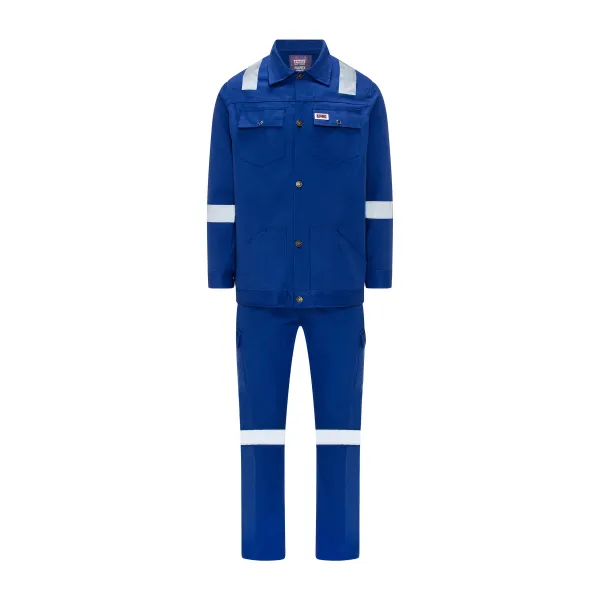 Aurex Work Suit BAS 2011 front view, blue two-piece suit, reflective tape on shoulders, arms and legs, front buttons