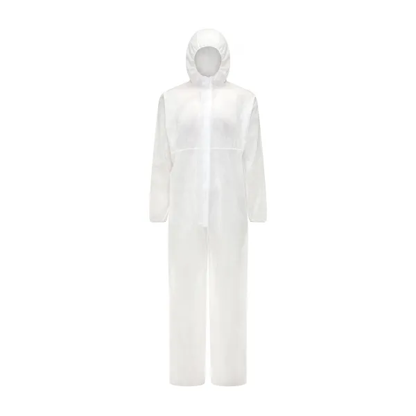 Disposable Coverall BDCR 2800, white front view with hood, front zip and long sleeves