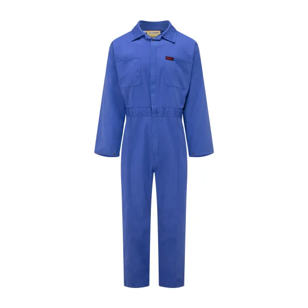 Economy Coverall BEC 0600 Blue front view with collar, long sleeves, chest pockets and elasticated waist