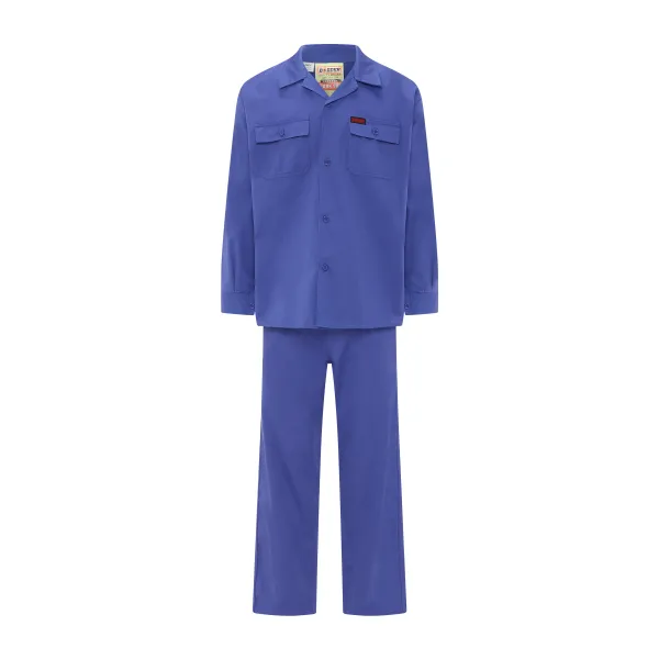 Economy Work Suit BES 0700 blue front view with long sleeves, twin chest pockets and button front
