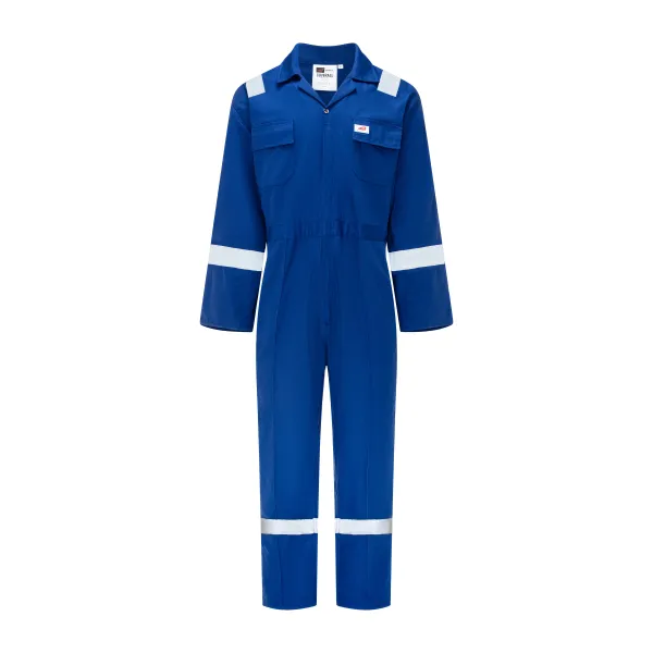 Exxelo Coverall TEC 2005 blue front view with reflective shoulder bands, chest pockets and reflective bands on sleeves and legs