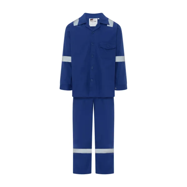 Exxelo Work Suit TES 2006 Blue front view with reflective tape on shoulders, sleeves and trouser legs, button front and chest pocket