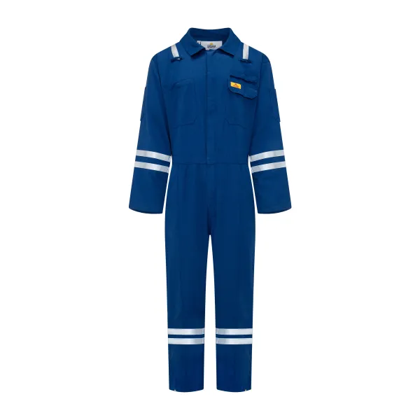 Firewing Coverall BSW 0360 blue front view with reflective bands on sleeves and legs, chest pockets, front zip