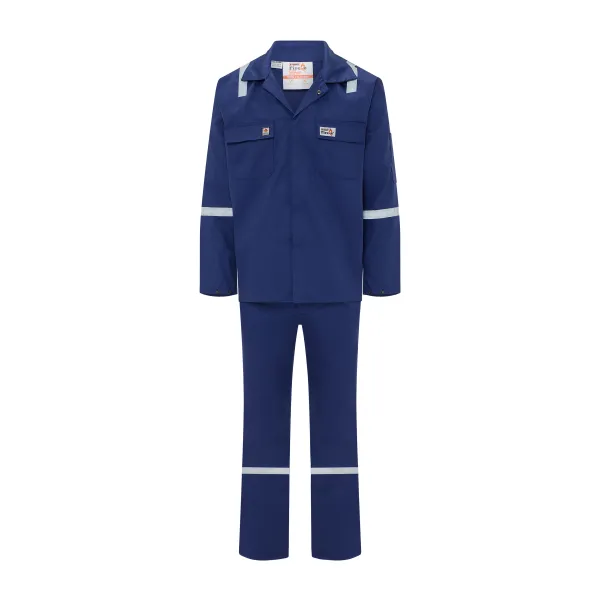 Firex Work Suit BFRS 0951 Front View Blue Two-Piece Suit with reflective shoulder patches, chest pockets and reflective sleeve and trouser bands