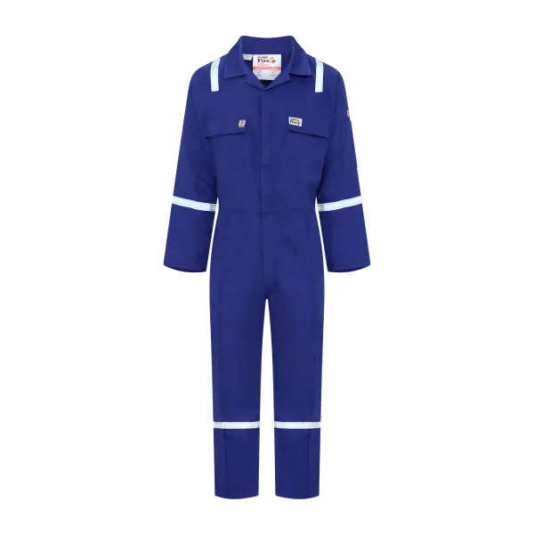 Firexe Coverall BFRC 0950 front view blue coverall with reflective strips, chest pockets and front zip