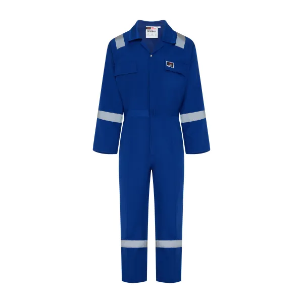 NOBURN COVERALL TFRC 2000 front view, blue coverall with reflective tape on shoulders, arms and lower legs, chest pockets