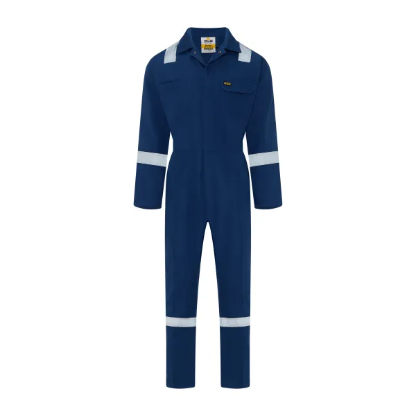 Premier Coverall BSW 1000 front view, navy coverall with reflective shoulder and leg bands, front zip, chest pockets