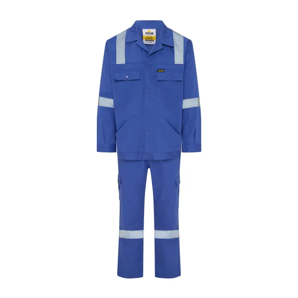 Premier Work Suit BSW 1001 blue front view with reflective stripes on shoulders, arms and legs, chest pockets