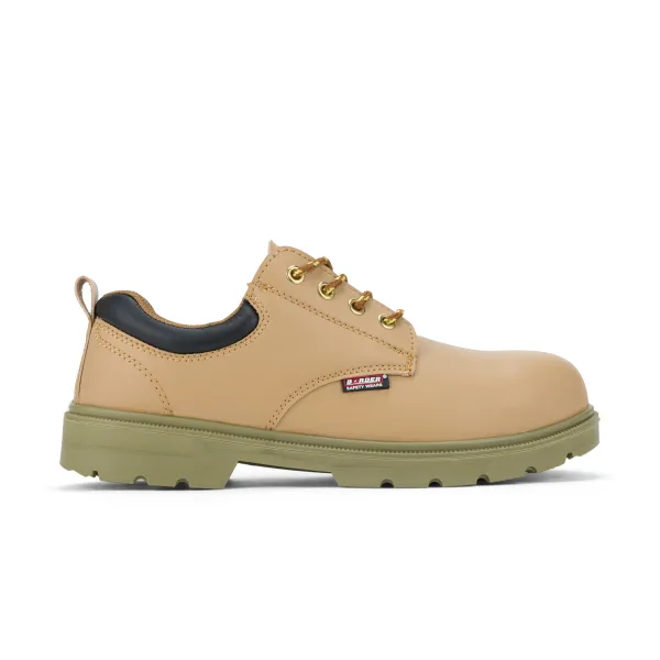 Safety Shoes BFP 2059 beige front view with lace-up design, black padded collar and olive tread sole