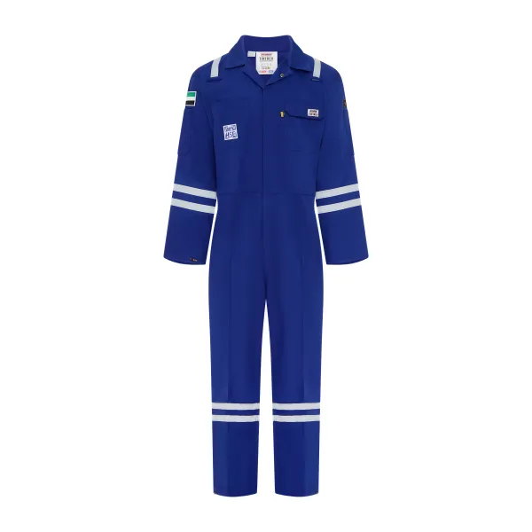 Tintrex Coverall BTC 4050 blue front view with reflective stripes on arms and legs, chest pockets